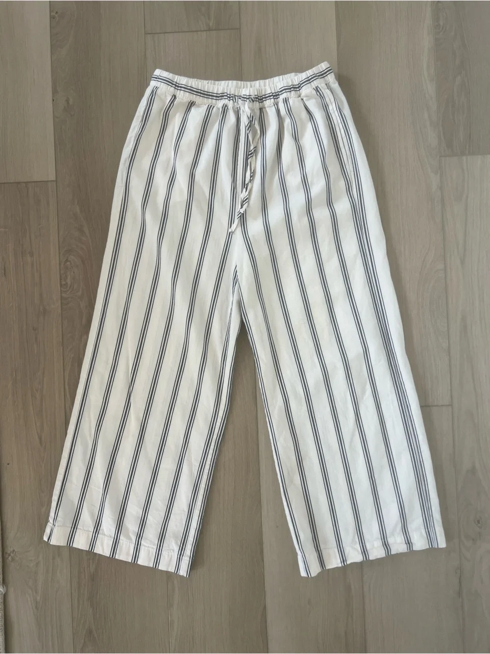 ZARA White Navy and Black Striped Wide Leg Pants High Rise Elastic Waist Flowy